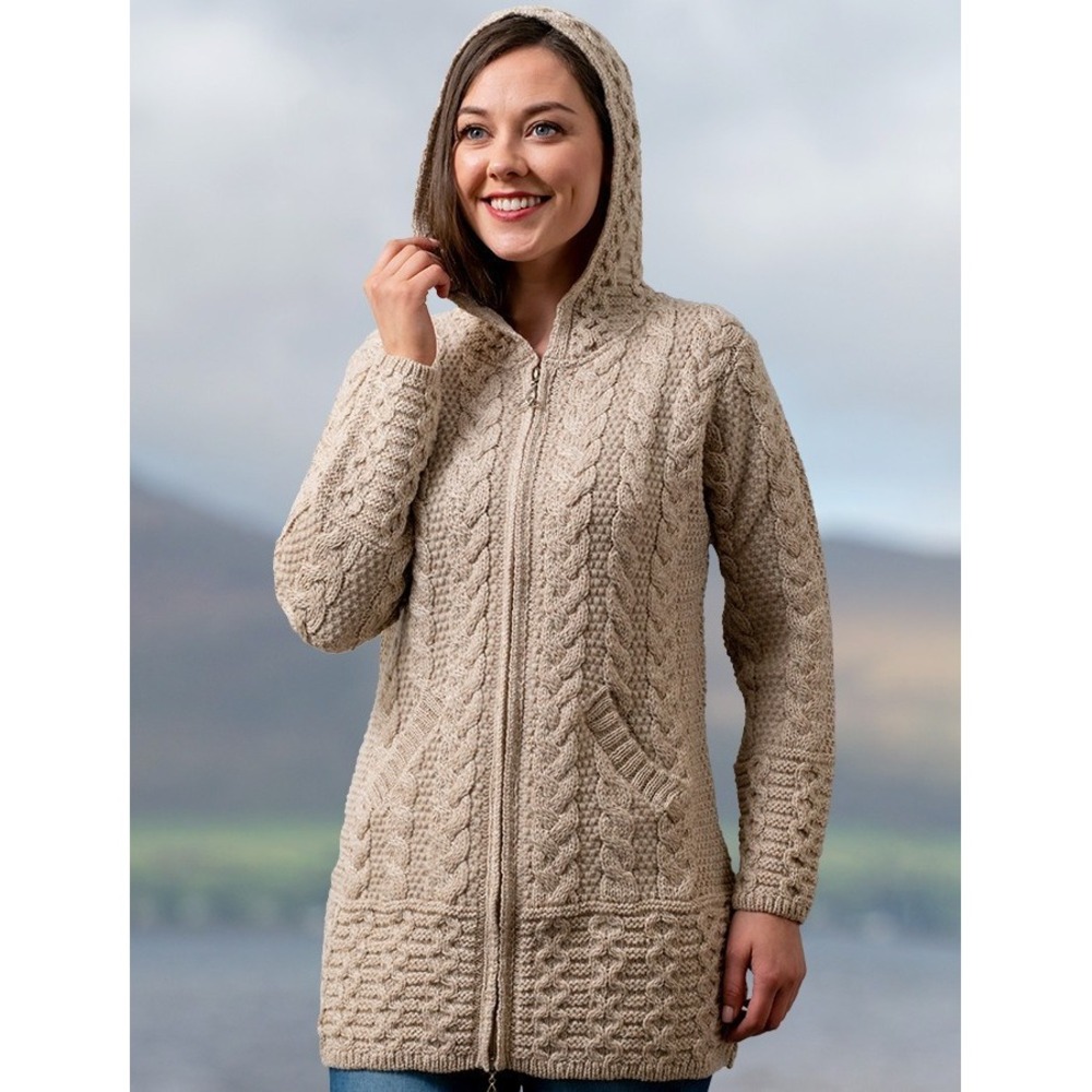 Aran Crafts Ireland 100% Merino Wool Hooded Coatigan Celtic Knot Zipper Pull